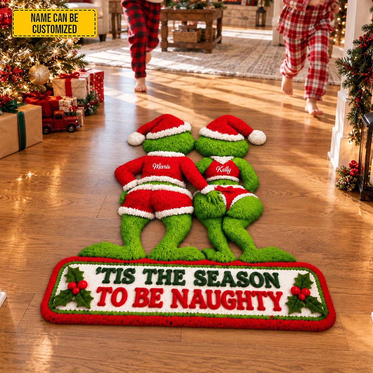 Personalized Grinch Couple Christmas Doormat, Custom Name 'Tis The Season To Be Naughty Rug