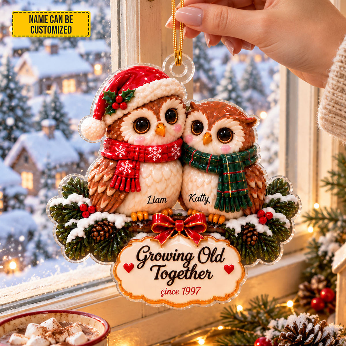 Personalized Couple Owls Christmas Ornament, Custom Name & Year Growing Old Together Acrylic Hanging Decor