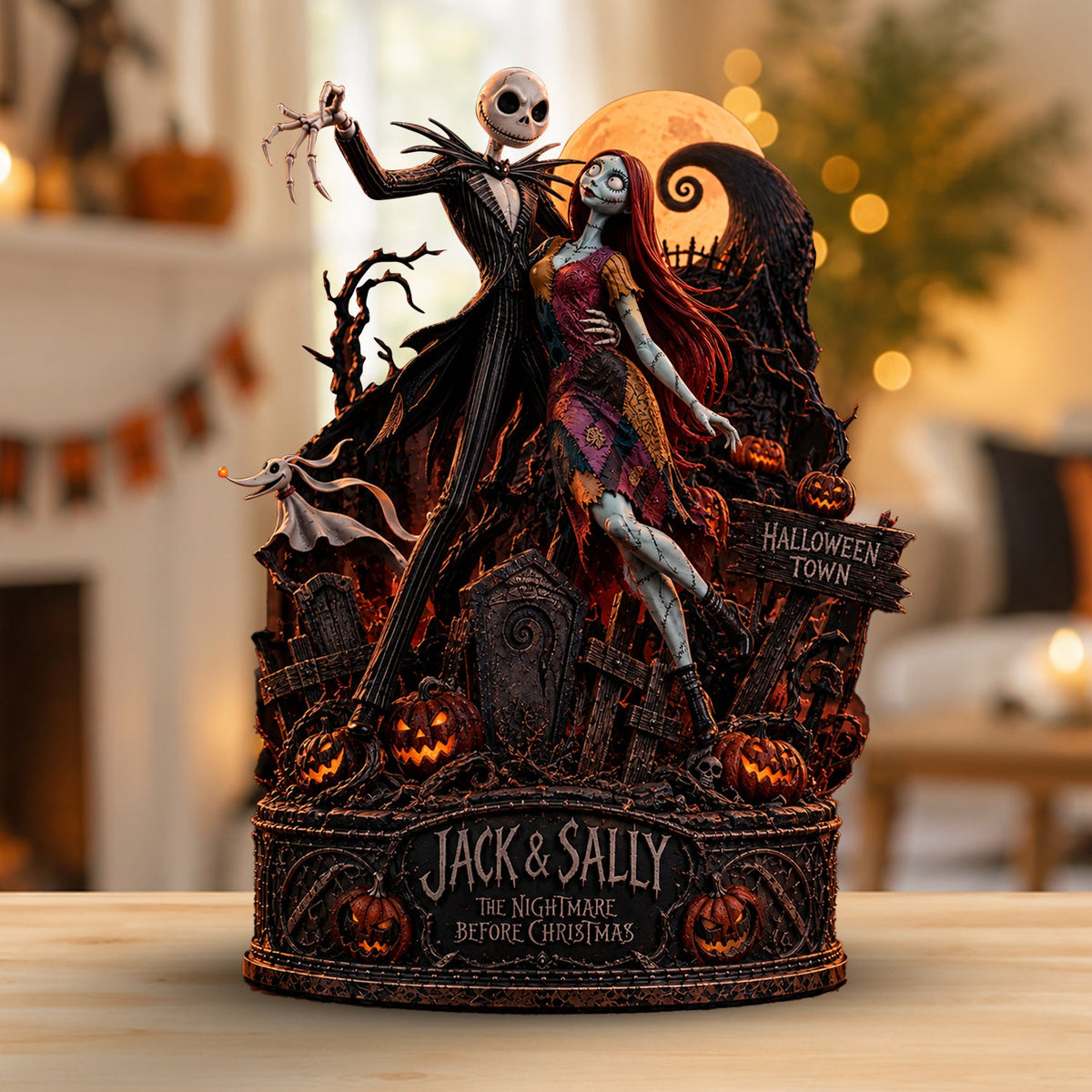 Jack & Sally Halloween Town Gothic Romance Wooden Block - Collectible Table Decor