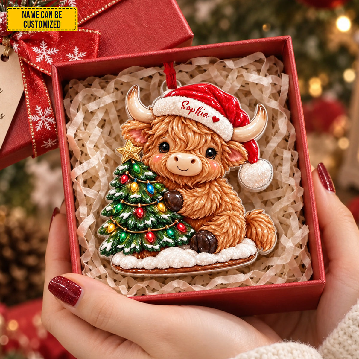 Highland Cow Christmas Ornament, Santa Hat Cow Ornament, Cute Cow Holiday Ornament