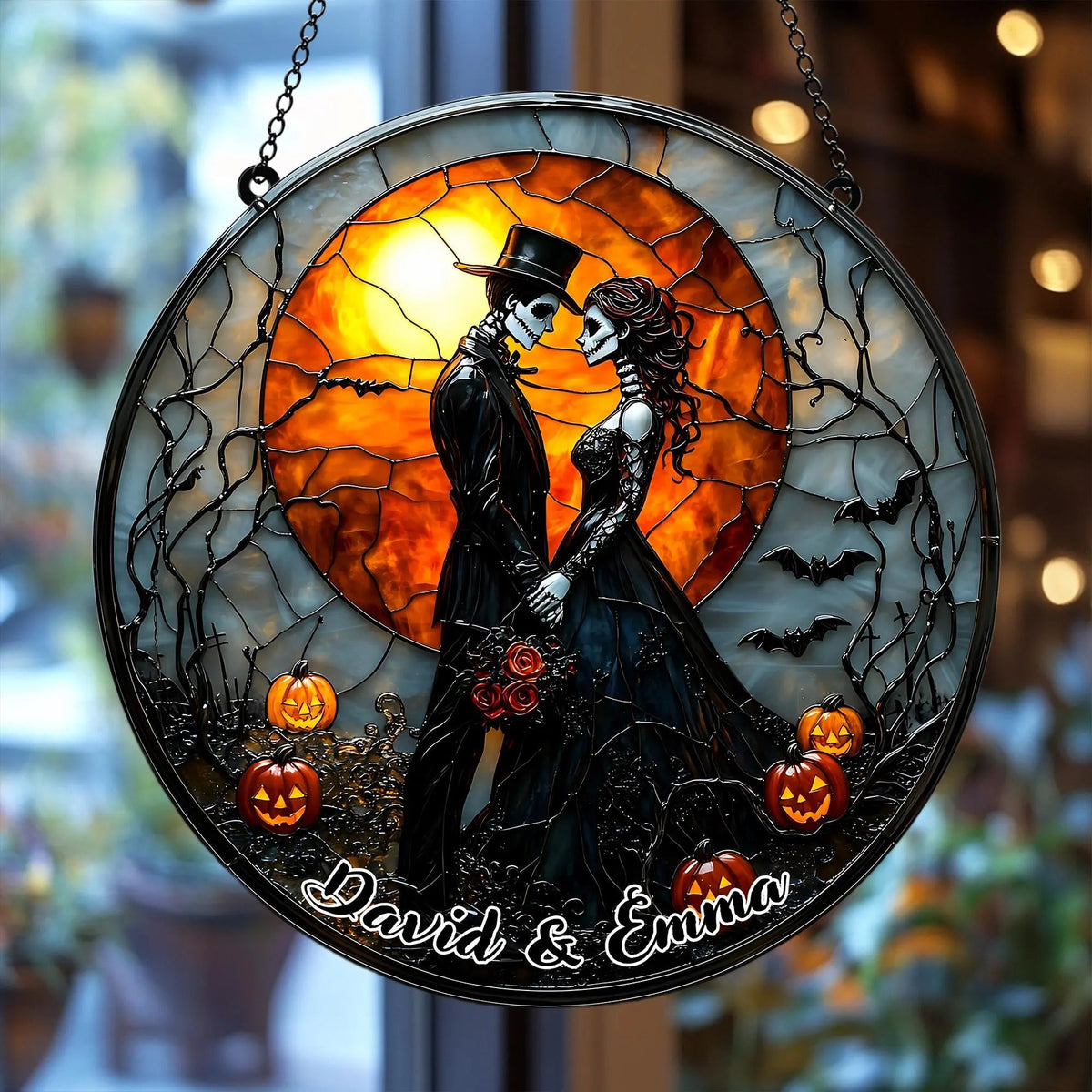 Personalized Gothic Skull Couple Stained Glass Suncatcher, Hanging Decor