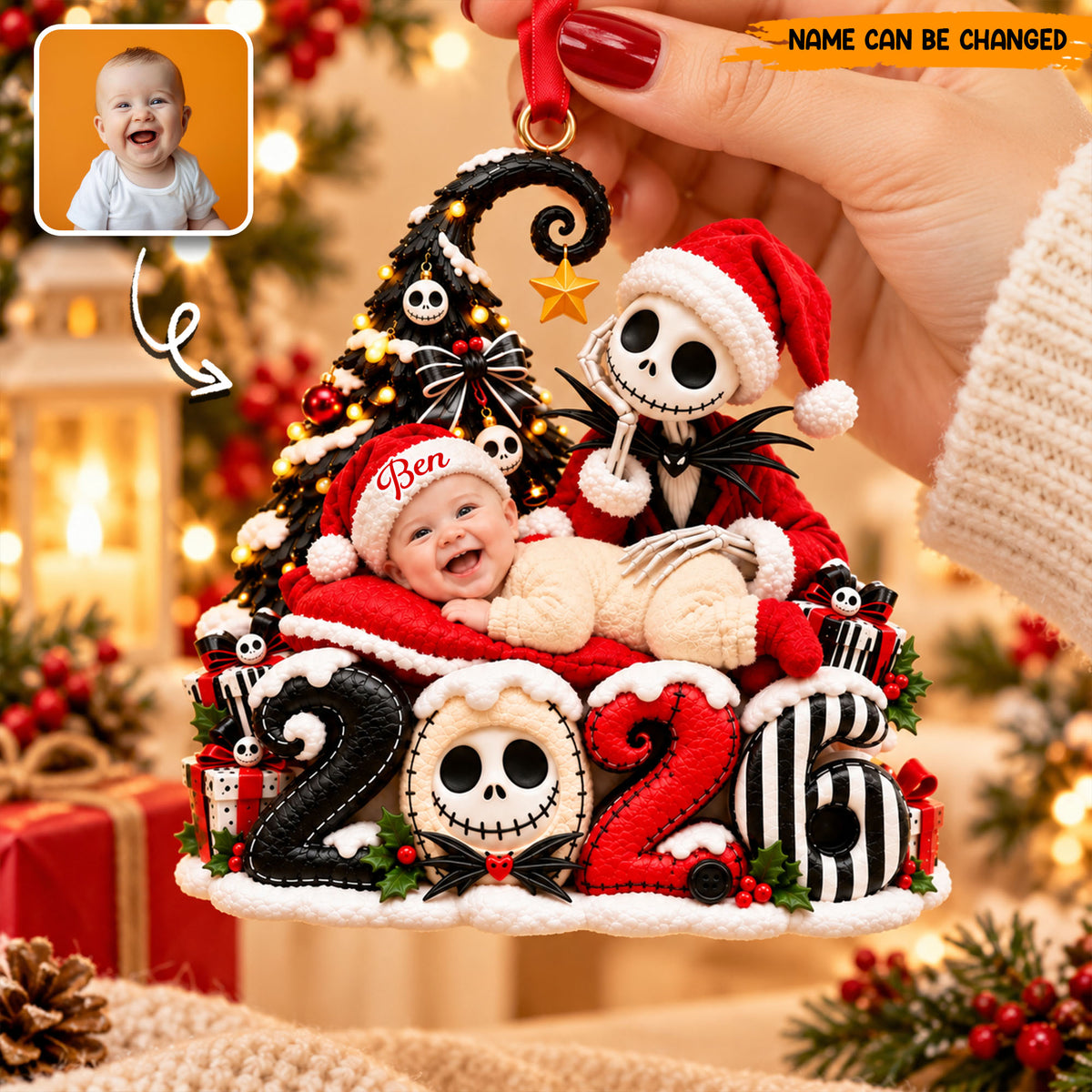 Personalized Jack Skellington Baby Christmas Ornament, Custom Photo & Name 2026 Holiday Tree Decor