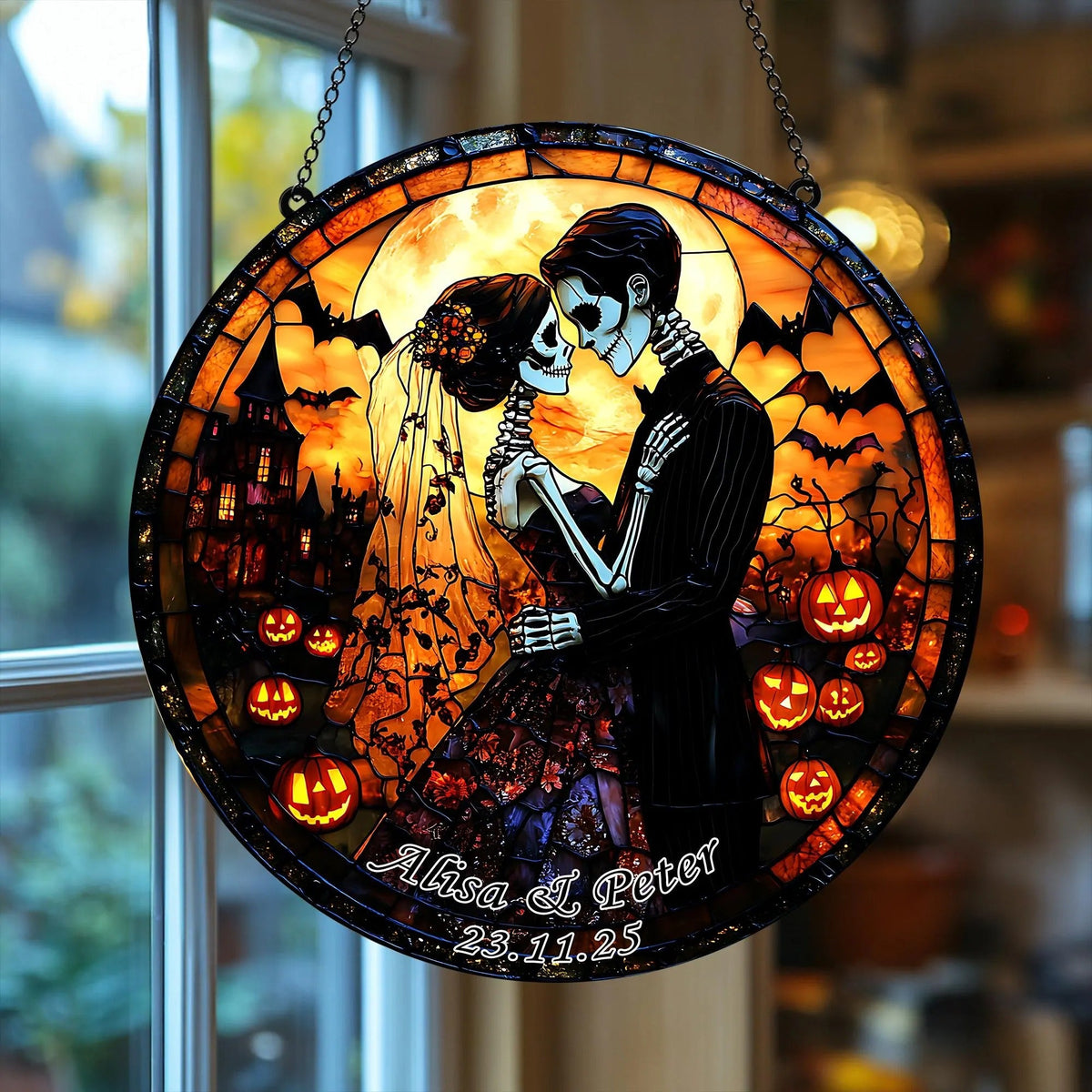 Personalized Gothic Skull Couple Stained Glass Suncatcher, Hanging Decor
