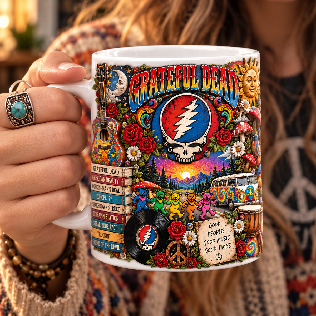 Grateful Dead Edge-to-Edge White Mug – Psychedelic Rock Inspired Gift Featuring Steal Your Face