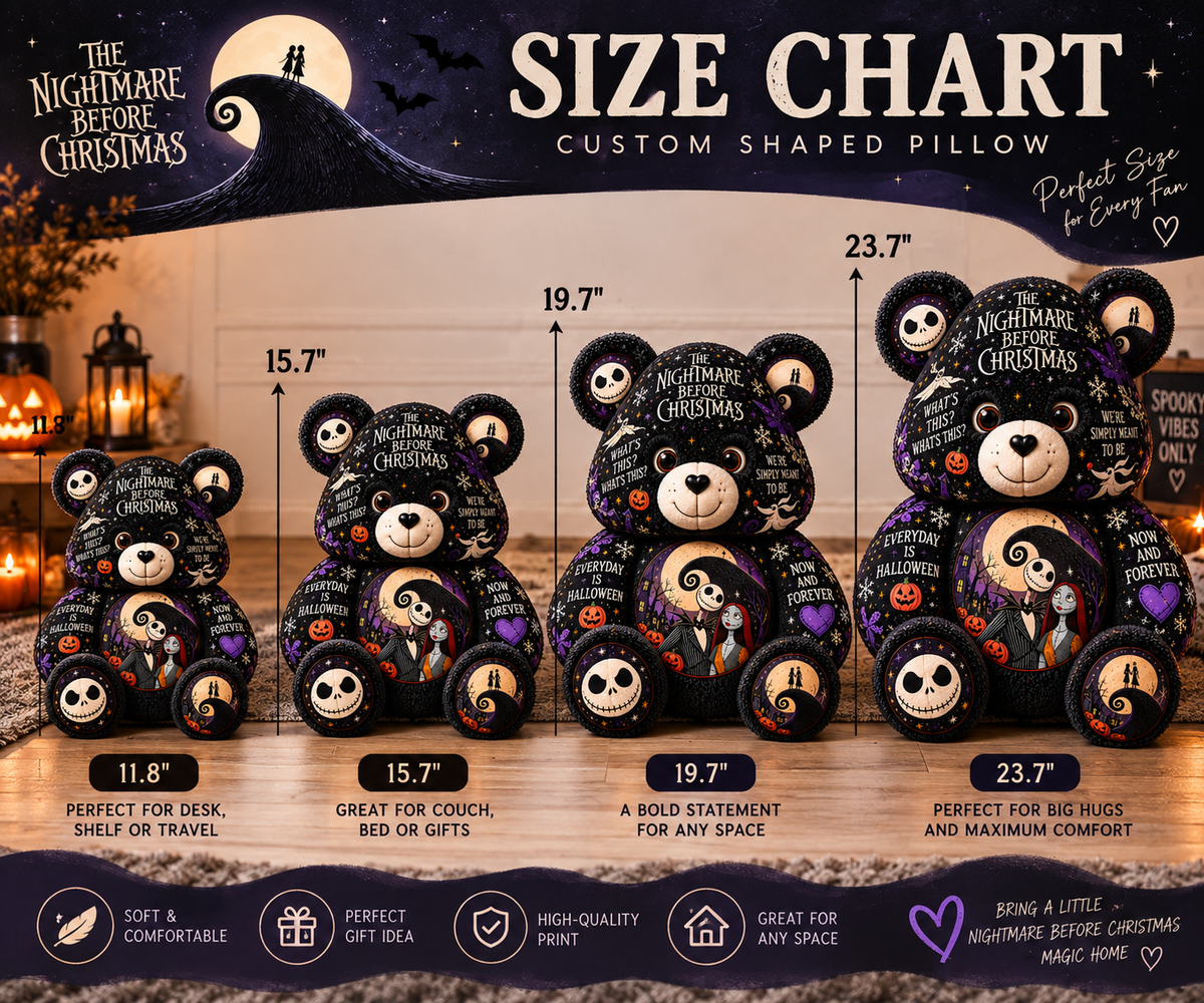 The Nightmare Before Christmas Bear Custom Shaped Pillow – Jack & Sally Halloween Fan Gift, Pumpkin King Gothic Christmas Collectible