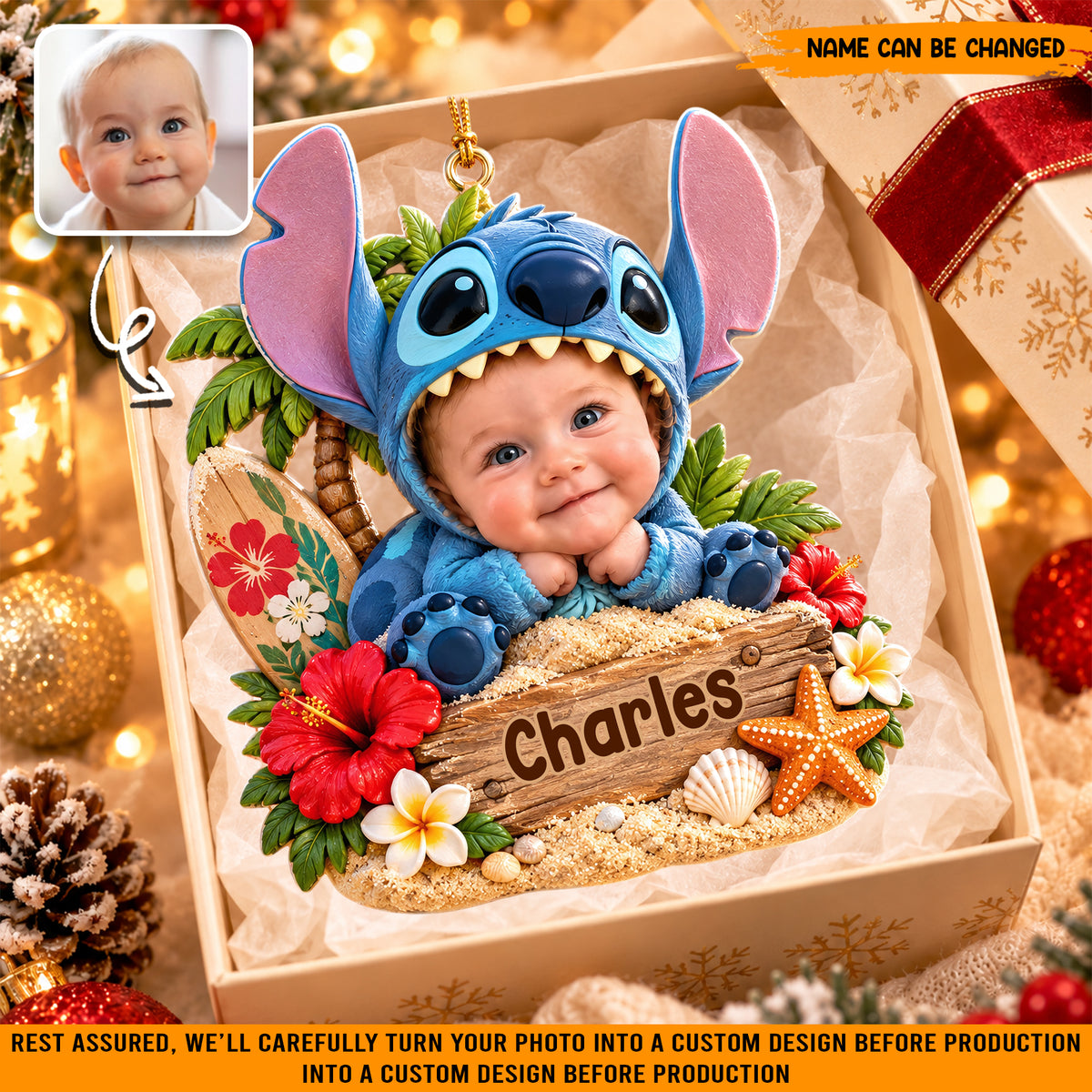 Personalized Baby Stitch Christmas Ornament, Custom Photo & Name Holiday Tree Decor
