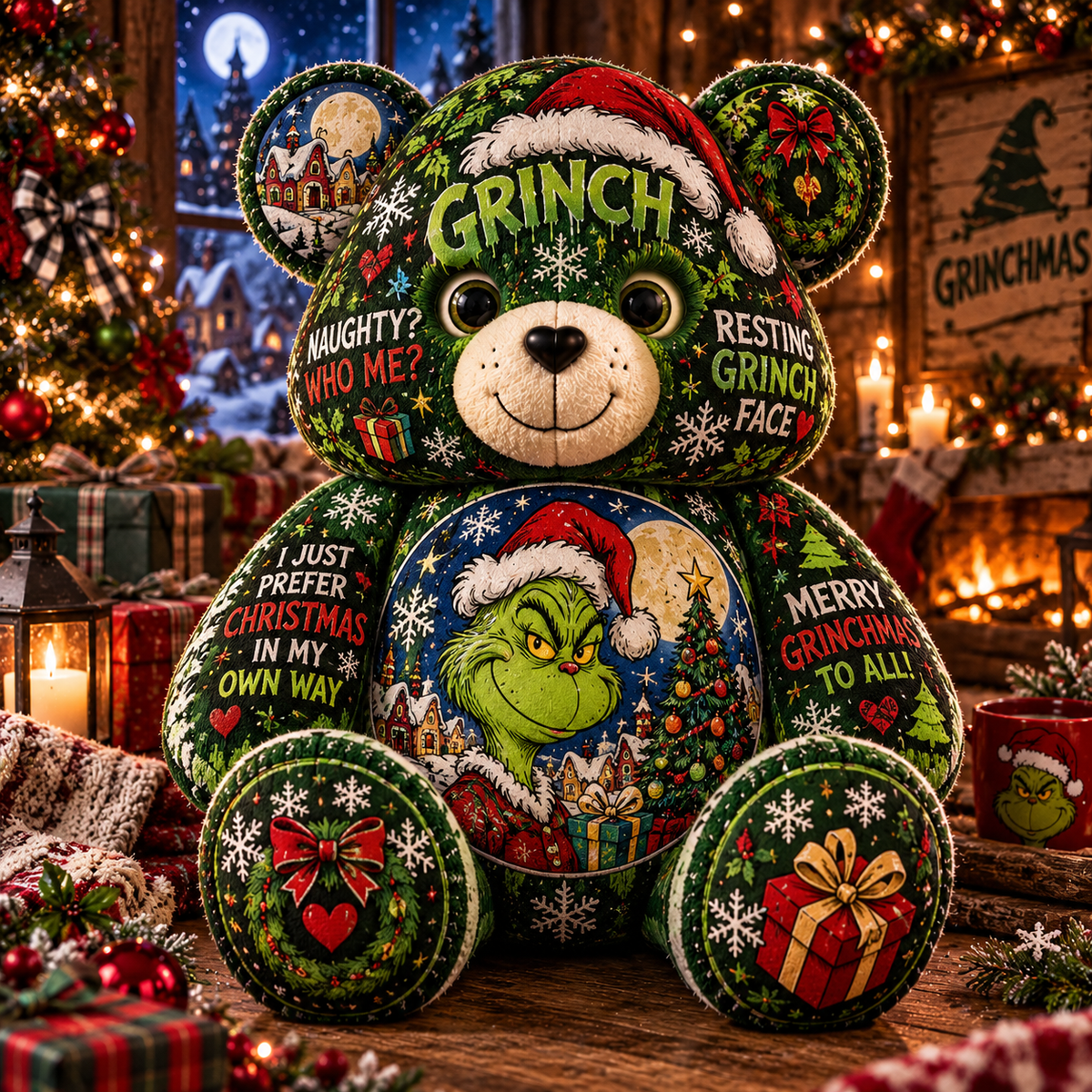 Grinch Christmas Custom Shaped Bear Pillow – Funny Grinchmas Teddy Bear, Festive Holiday Plush Pillow & Unique Christmas Gift for Grinch Lovers