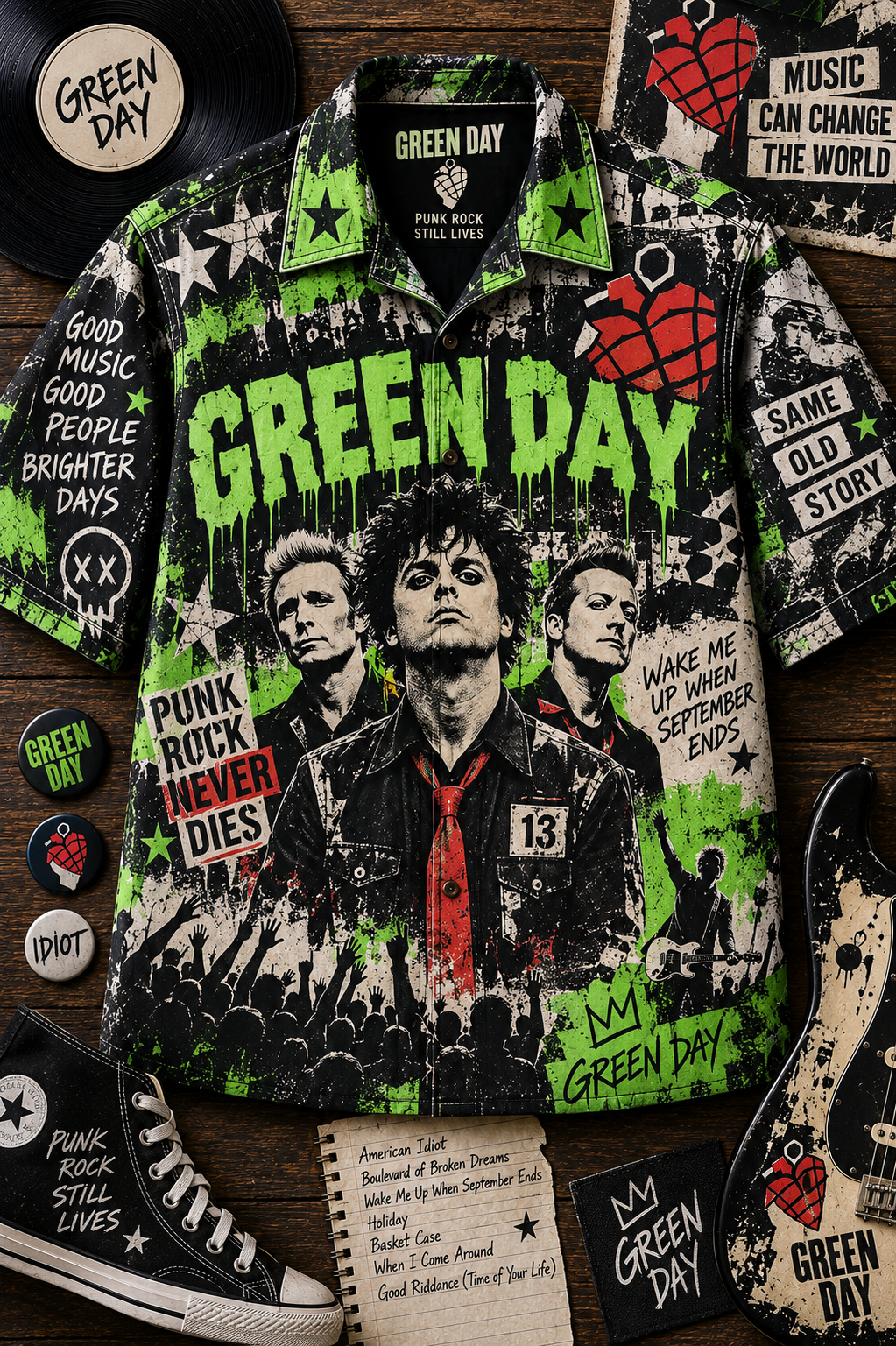 Green Day Hawaiian Shirt - Vintage Music Fan Gift