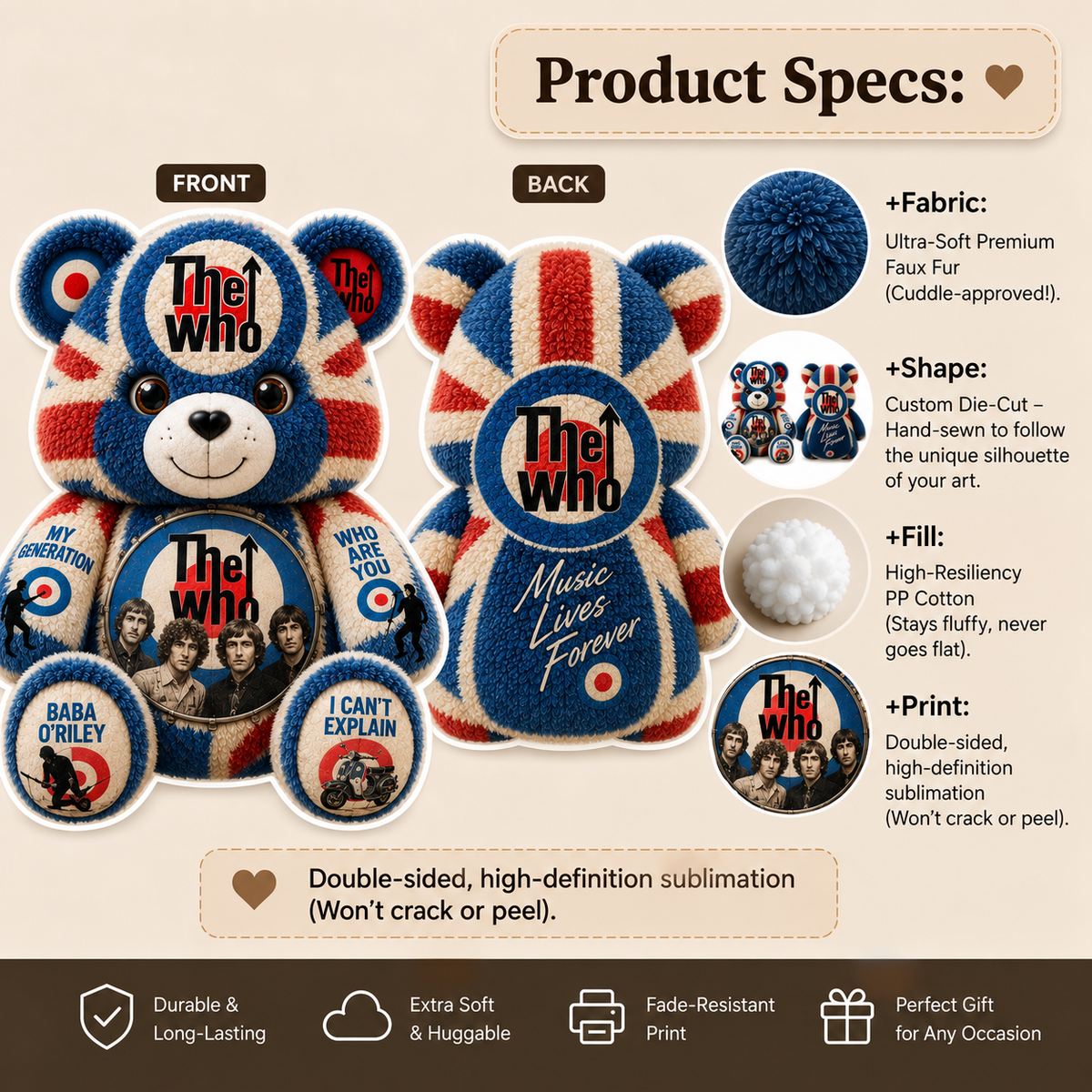 The Who Bear Custom Shaped Pillow – Classic Rock Music Fan Gift