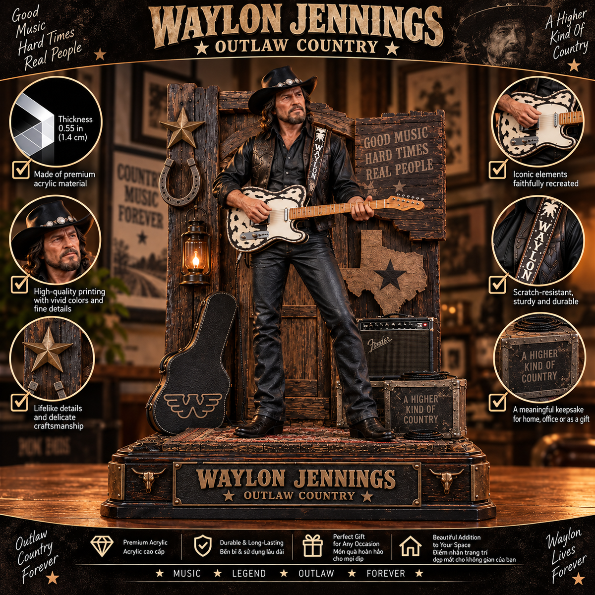 Waylon Jennings Outlaw Country – Collectible Acrylic Plaque Table Decor