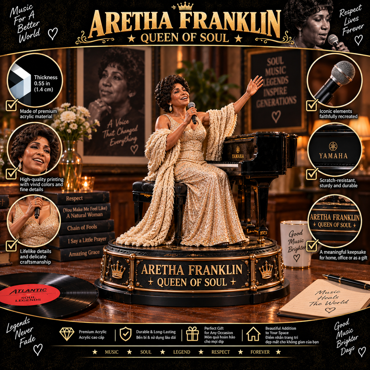 Aretha Franklin Queen of Soul – Collectible Acrylic Plaque Table Decor
