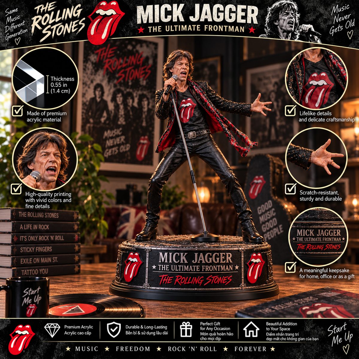 Mick Jagger The Ultimate Frontman – The Rolling Stones Collectible Acrylic Plaque Table Decor