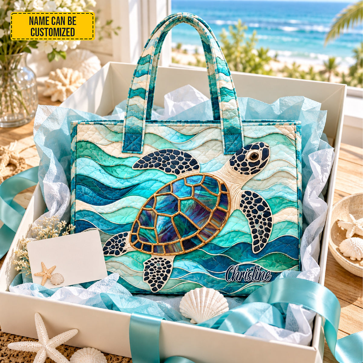 Personalized Ocean Turtle Quilted Tote Bag