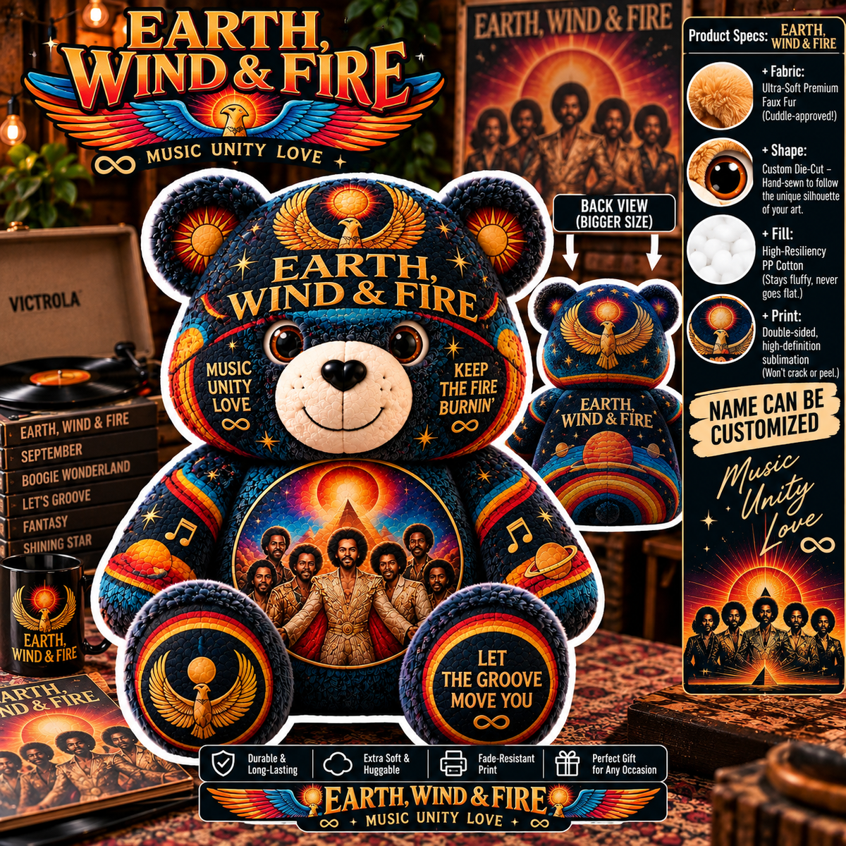 Earth, Wind & Fire Custom Shaped Bear Pillow – Unique Gift for Classic Music Lovers