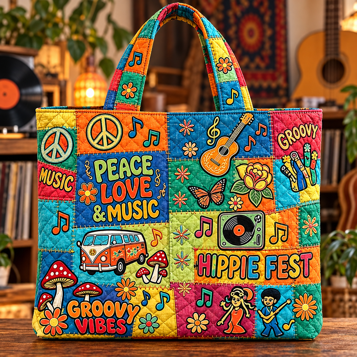 Peace, Love & Music Quilted Tote Bag