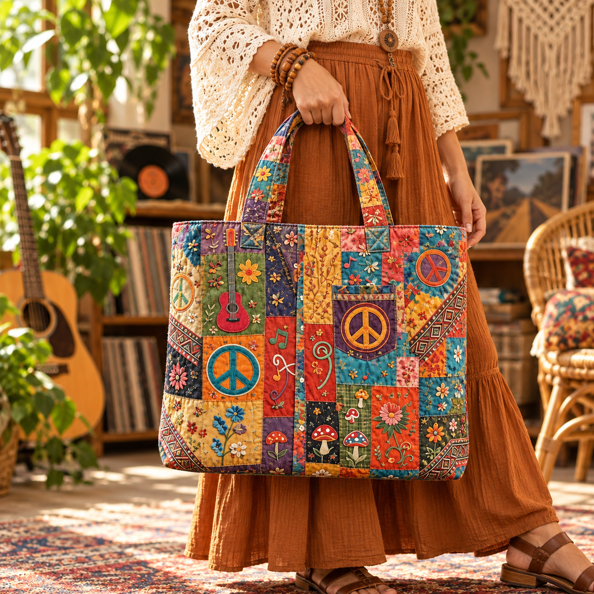 Boho Peace & Music Quilted Tote Bag