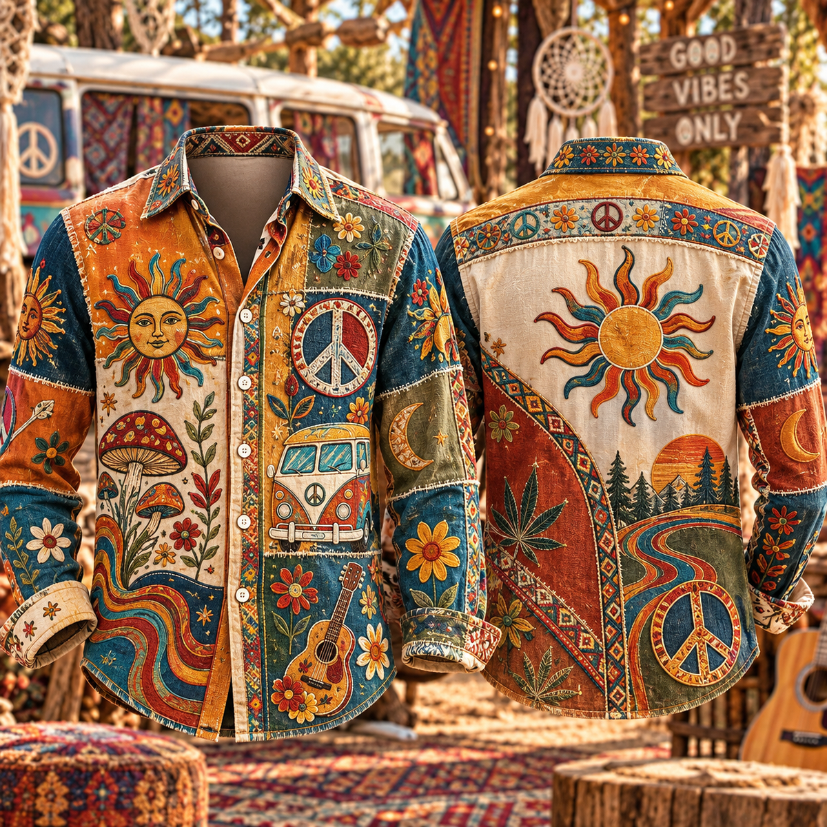 Hippie Patchwork Shirt – Colorful Boho Flower Power Shirt Version 2