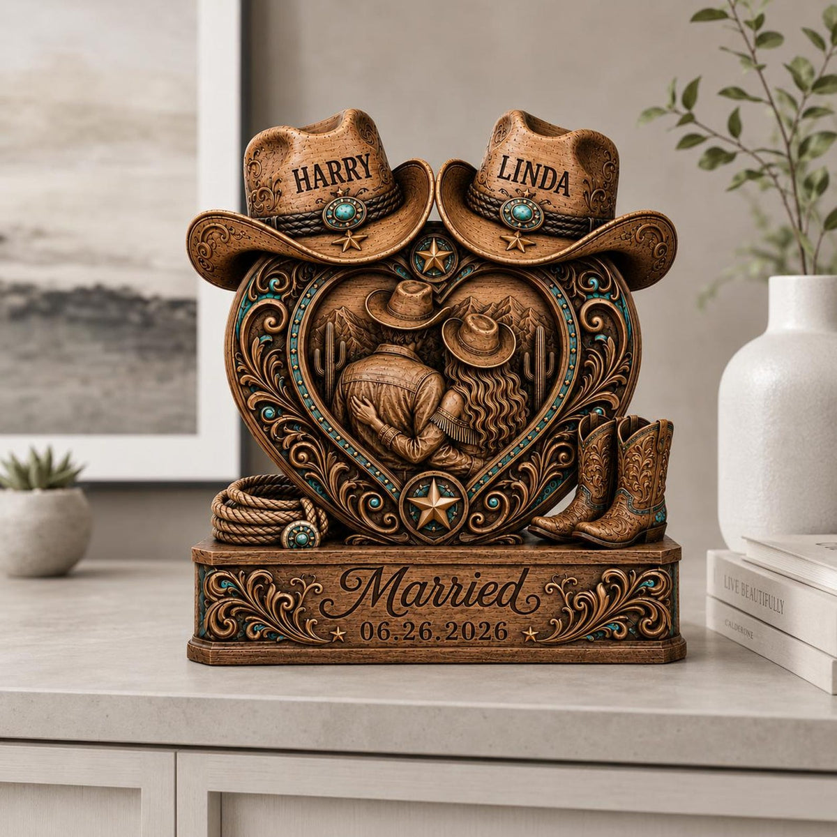Personalized Western Couple Heart Figurine – Custom Names & Wedding Date Country Resin/Wooden Table Decor