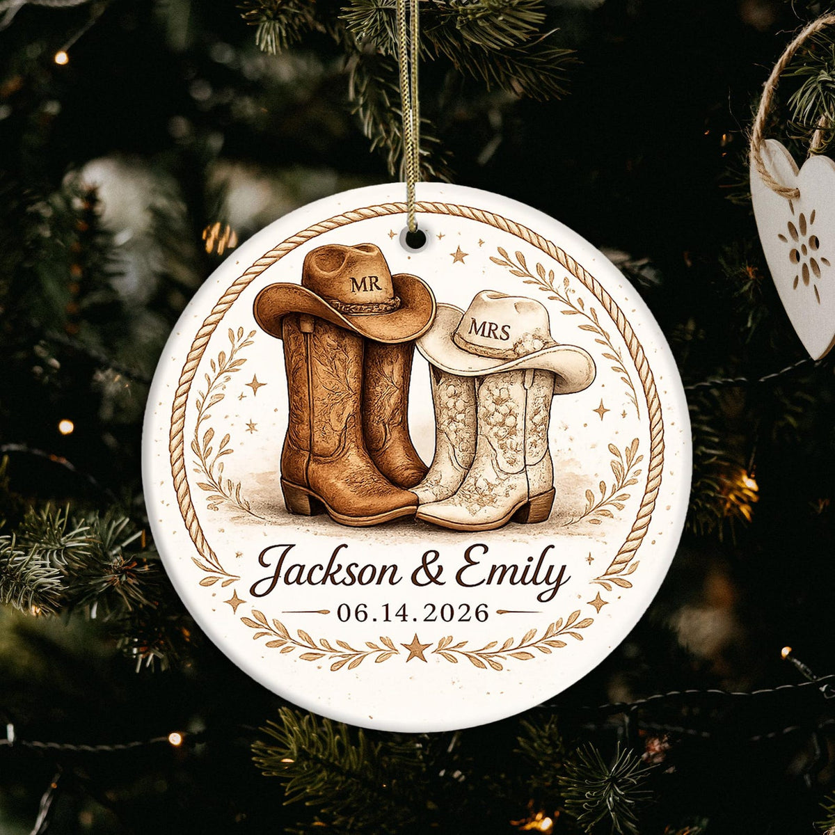 Personalized Country Wedding Ornament - Custom Cowboy Boots & Hats Mr and Mrs Christmas Tree Decor