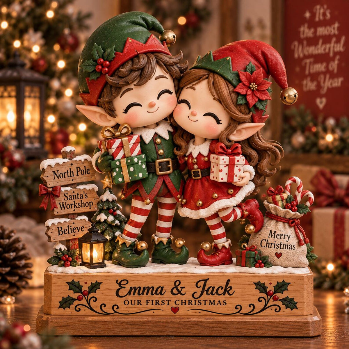 Personalized Christmas Elf Couple Decor, Our First Christmas Gift, Custom Couple Name Holiday Tabletop Block