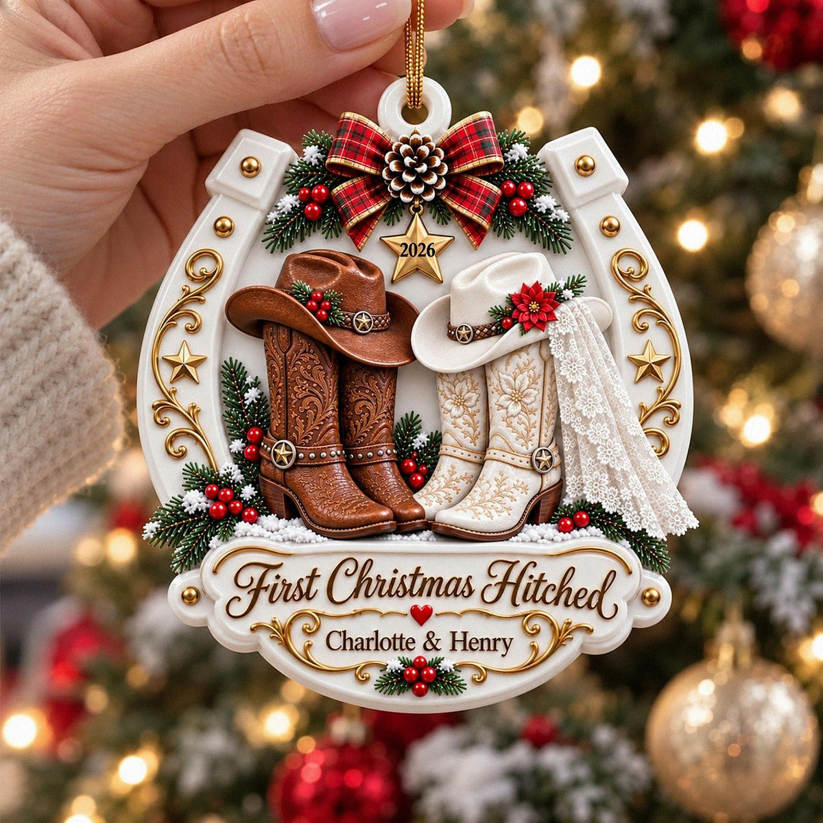 Personalized First Christmas Married 3D Relief White Acrylic Ornament, Western Cowboy Couple Keepsake