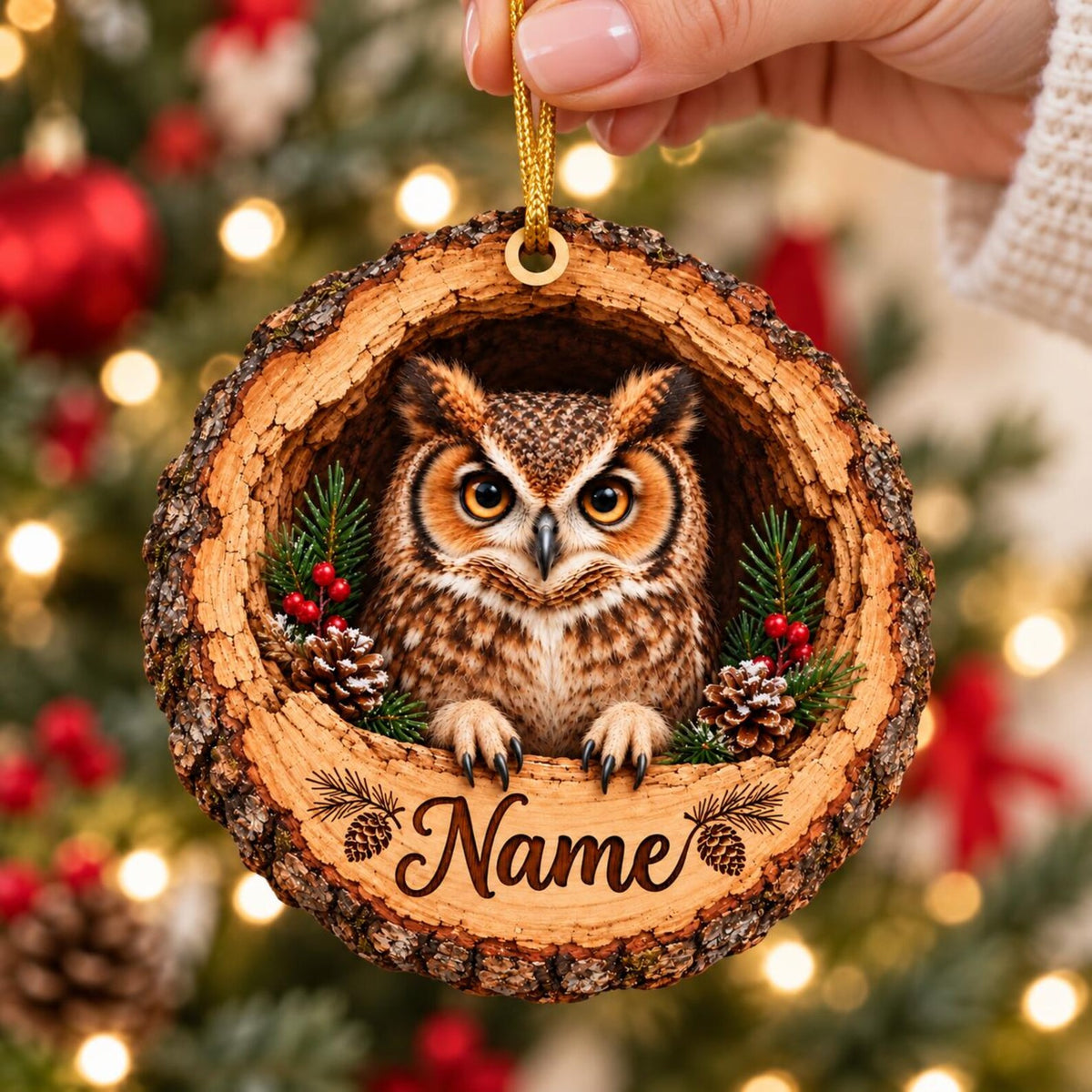 Personalized Owl Wood Slice Christmas Ornament, Wildlife Animal Lover Gift