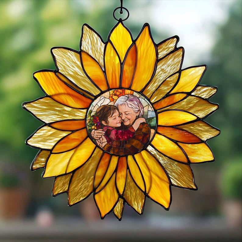 Sunlit Memories – Personalized Sunflower Photo Stain Glass Suncatcher