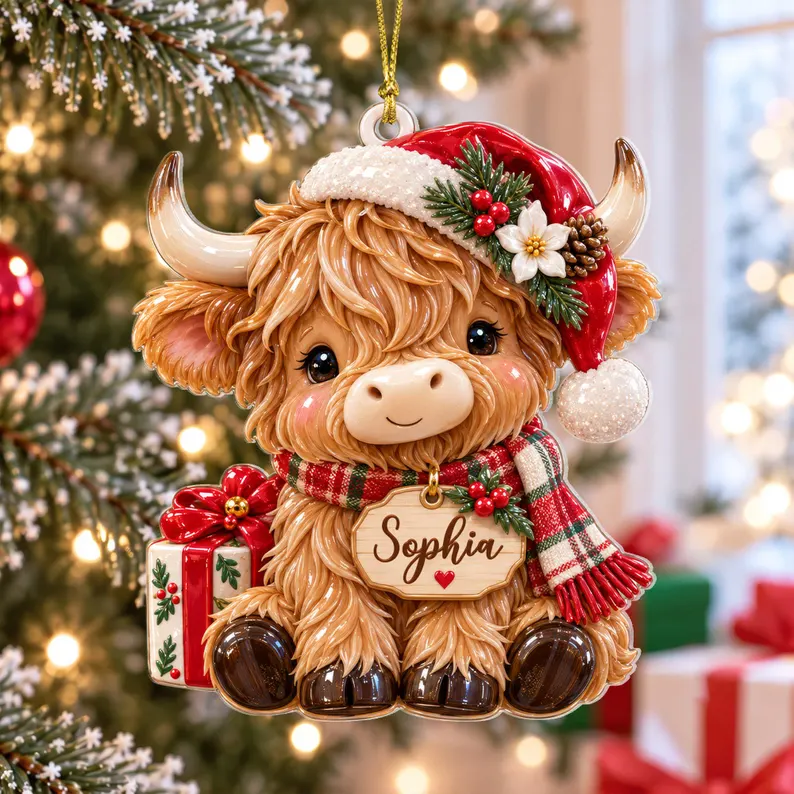 Personalized Highland Cow Christmas Ornament, Cow Farm 3D Relief Acrylic Ornament, Cute Cow Xmas Tree Decor Gift