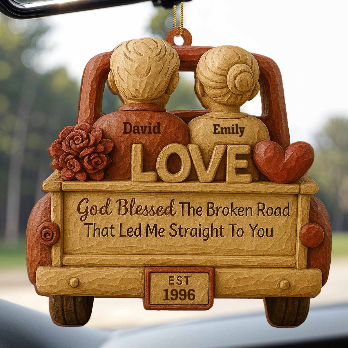 God Blessed The Broken Road, Car And Hearts Design, Personalized Custom Wood Ornament, Gift For Couples