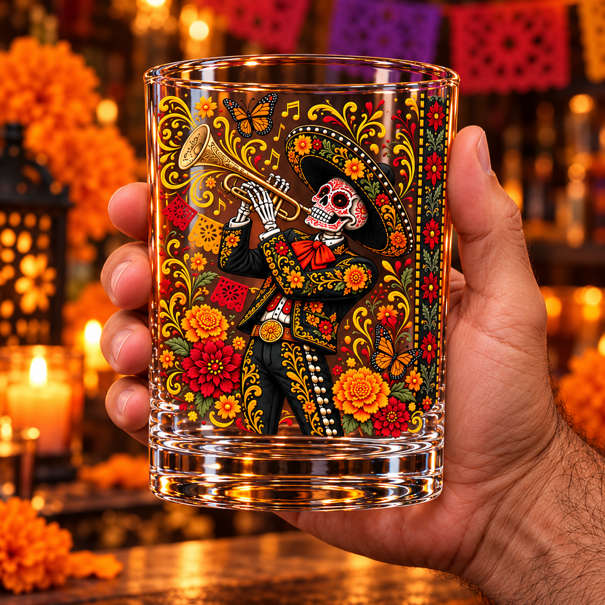Mexican Day of the Dead Skeleton Mariachi Whiskey Glass - Mexican Culture Lover Gift