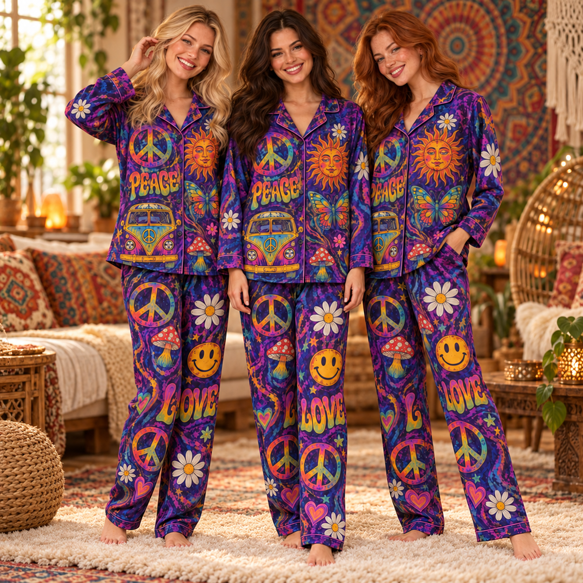 Hippie Peace and Love Pajama Set – Gift for Hippie Lovers