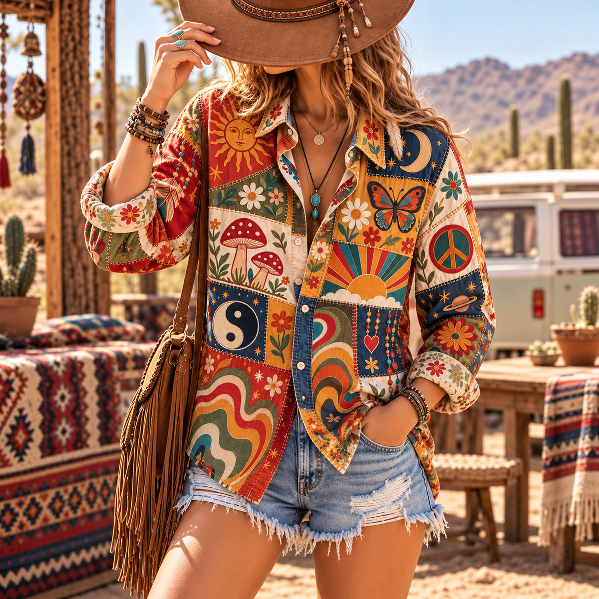 Hippie Patchwork Shirt – Colorful Boho Flower Power Shirt