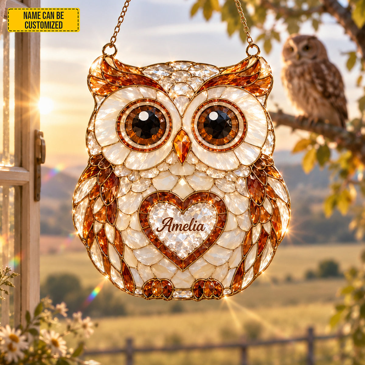 Personalized Beautiful Owl Custom Shape Suncatcher