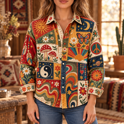 Hippie Patchwork Shirt – Colorful Boho Flower Power Shirt
