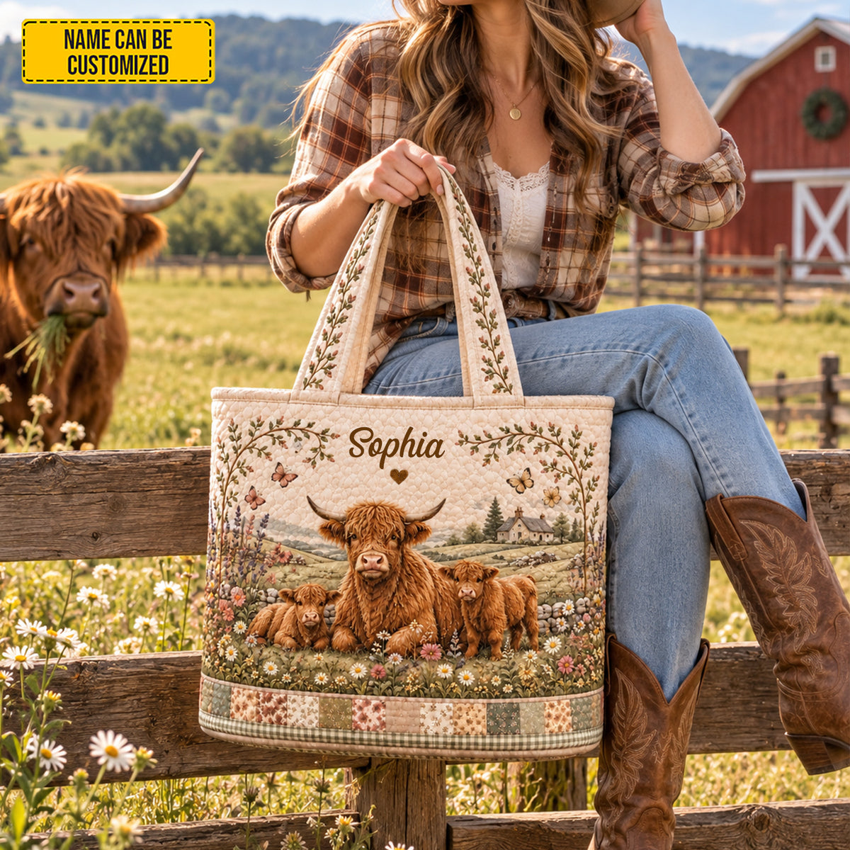 Personalized Highland Cow Quilted Tote Bag, Custom Name Farmhouse Beach Bag, Countryside Lover Gift
