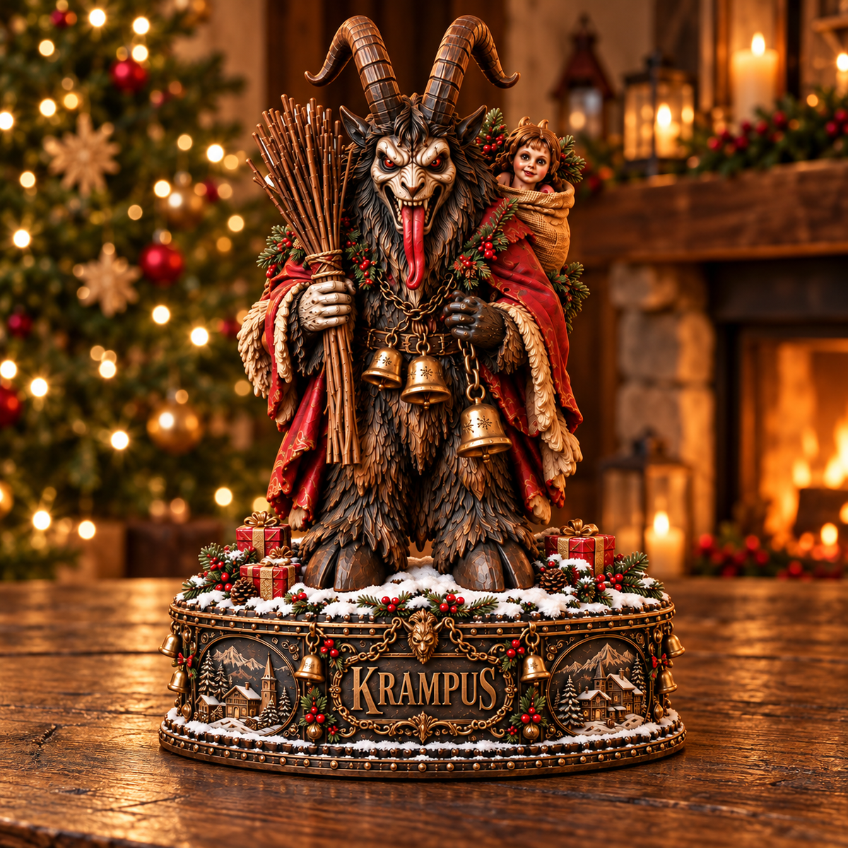 Krampus Christmas Wooden Block Sign – Dark Gothic Holiday Decor, Mythical Horned Demon with Bells and Festive Wreath, Spooky Christmas Collectible Statue, Unique Horror Christmas Gift for Krampus Lovers
