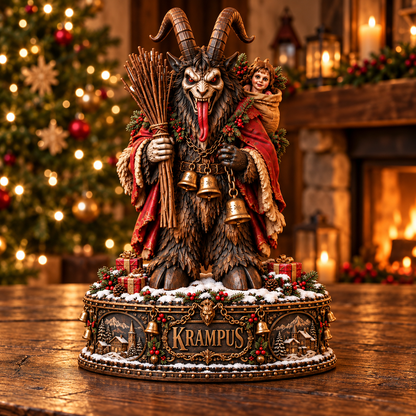 Krampus Christmas Wooden Block Sign – Dark Gothic Holiday Decor, Mythical Horned Demon with Bells and Festive Wreath, Spooky Christmas Collectible Statue, Unique Horror Christmas Gift for Krampus Lovers