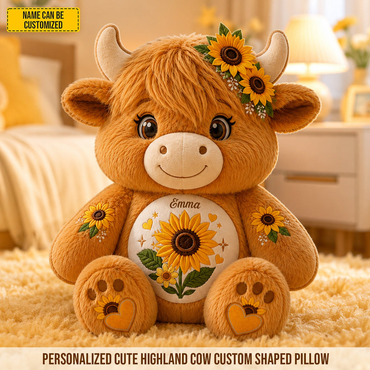 Personalized Highland Cow With Daisy Pillow