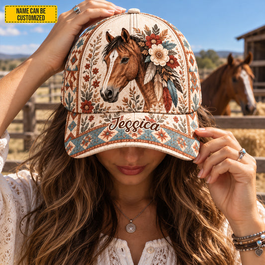 Personalized Boho Horse Floral Classic Cap - Gift for Horse Lovers