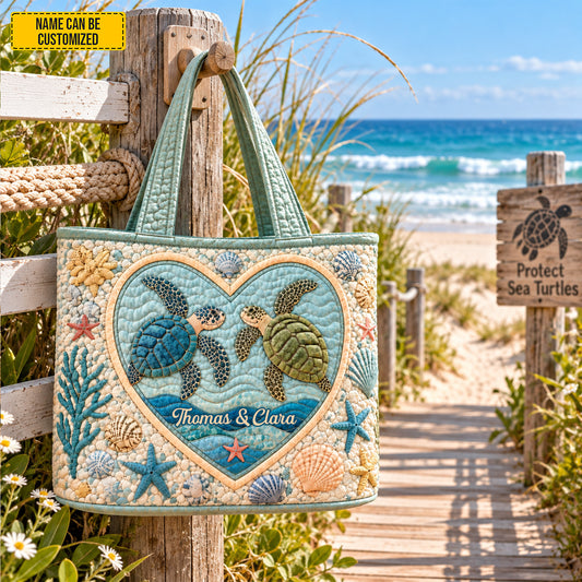 Personalized Sea Turtle Quilted Tote Bag, Custom Couple Names Beach Bag