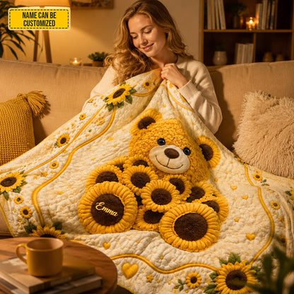 Personalized Cute Sunflower Bear Blanket