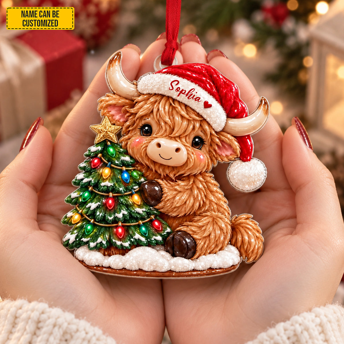 Highland Cow Christmas Ornament, Santa Hat Cow Ornament, Cute Cow Holiday Ornament