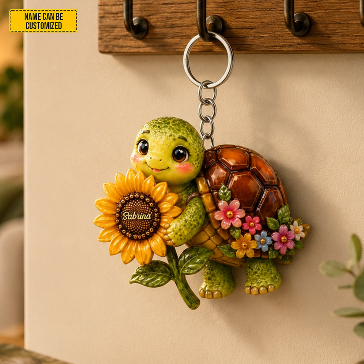 Sunflower Turtle Charm - Personalized Turtle Keychain