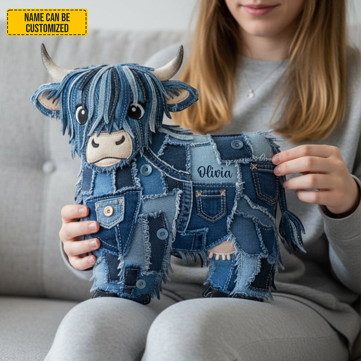 Personalized Denim Cow Shaped Pillow