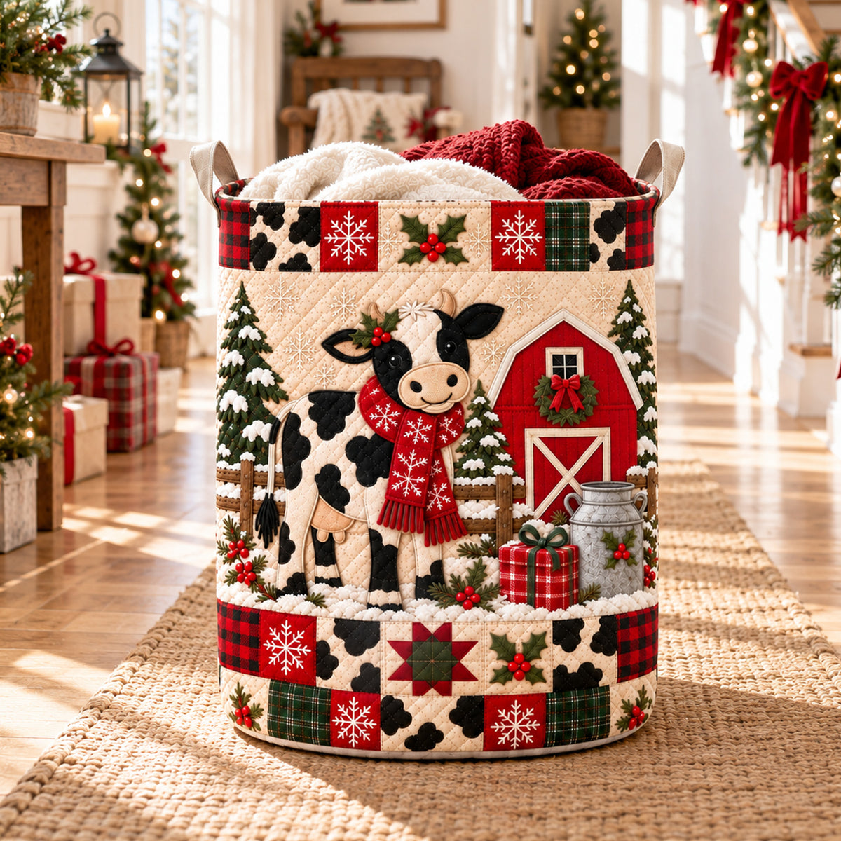 Christmas Farmhouse Cow Laundry Hamper
