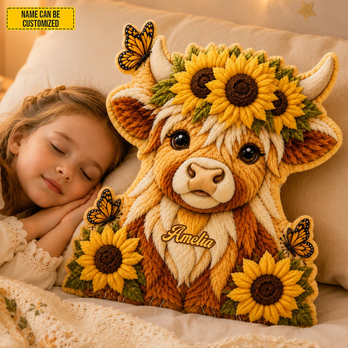 Personalized Cozy Highland Cow With Sunflower Shaped Pillow