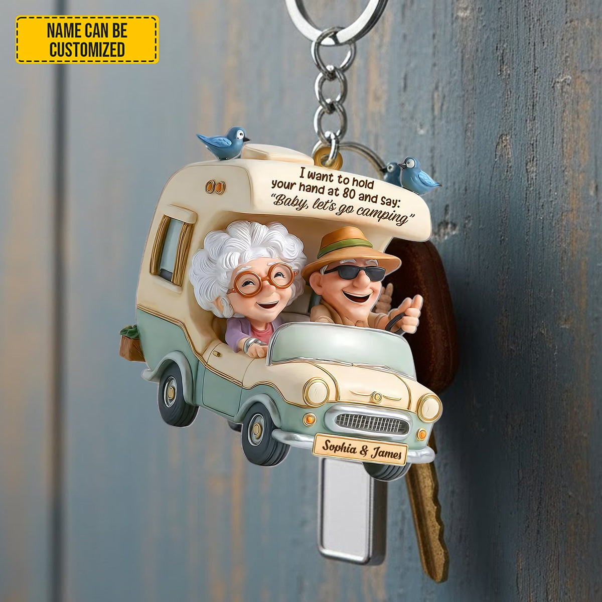 Personalized Old Couple Camping Keychain