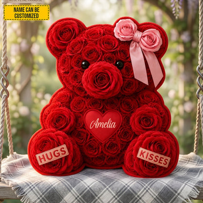 Personalized Rose Bear With Bow Pillow