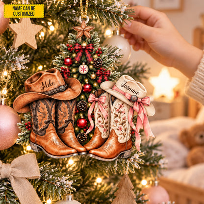 Personalized Cowboy Couple Christmas Ornament, Custom Names Cowboy and Cowgirl Boots Acrylic Keepsake, Western Couple, Country Love Gift