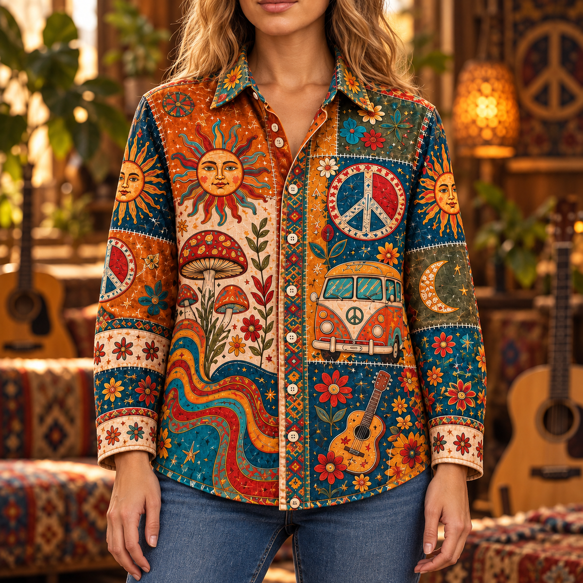 Hippie Patchwork Shirt – Colorful Boho Flower Power Shirt Version 2
